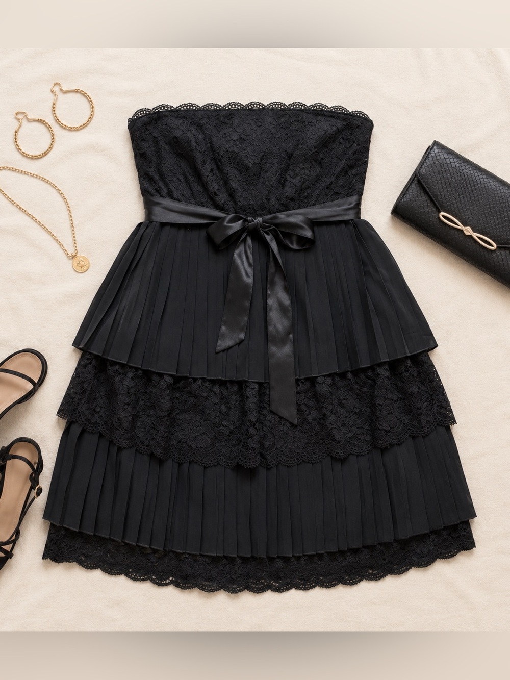 Vintage GUESS Tiered Strapless Black Dress | Size 5 | Lace Pleated Party Dress